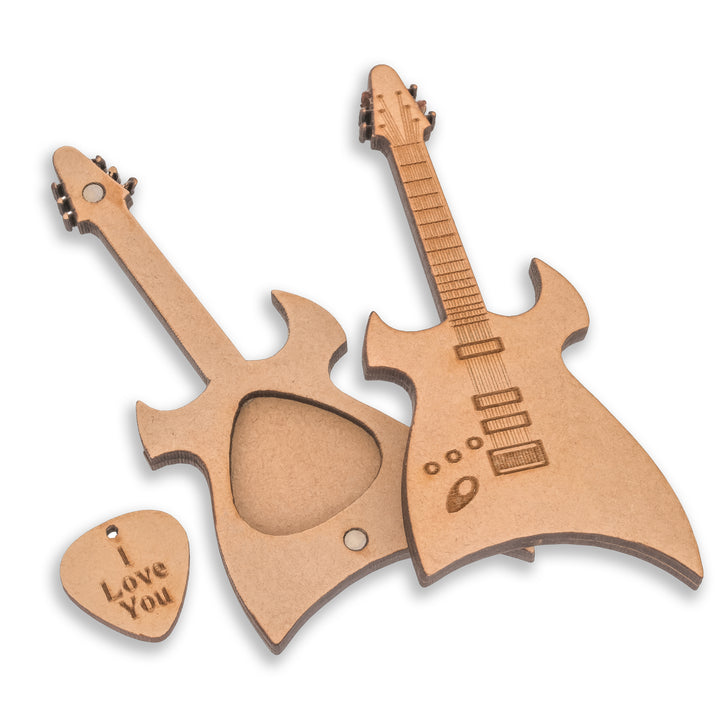 wooden Guitar Plectrum In Guitar Shaped Box With Folding Stand