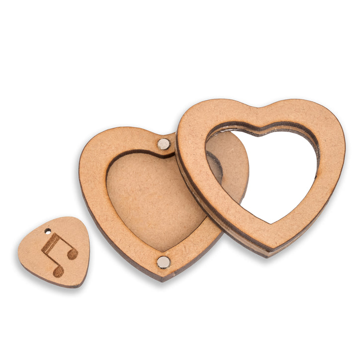 wooden Guitar Plectrum In Heart Shaped Magnetic Guitar Box