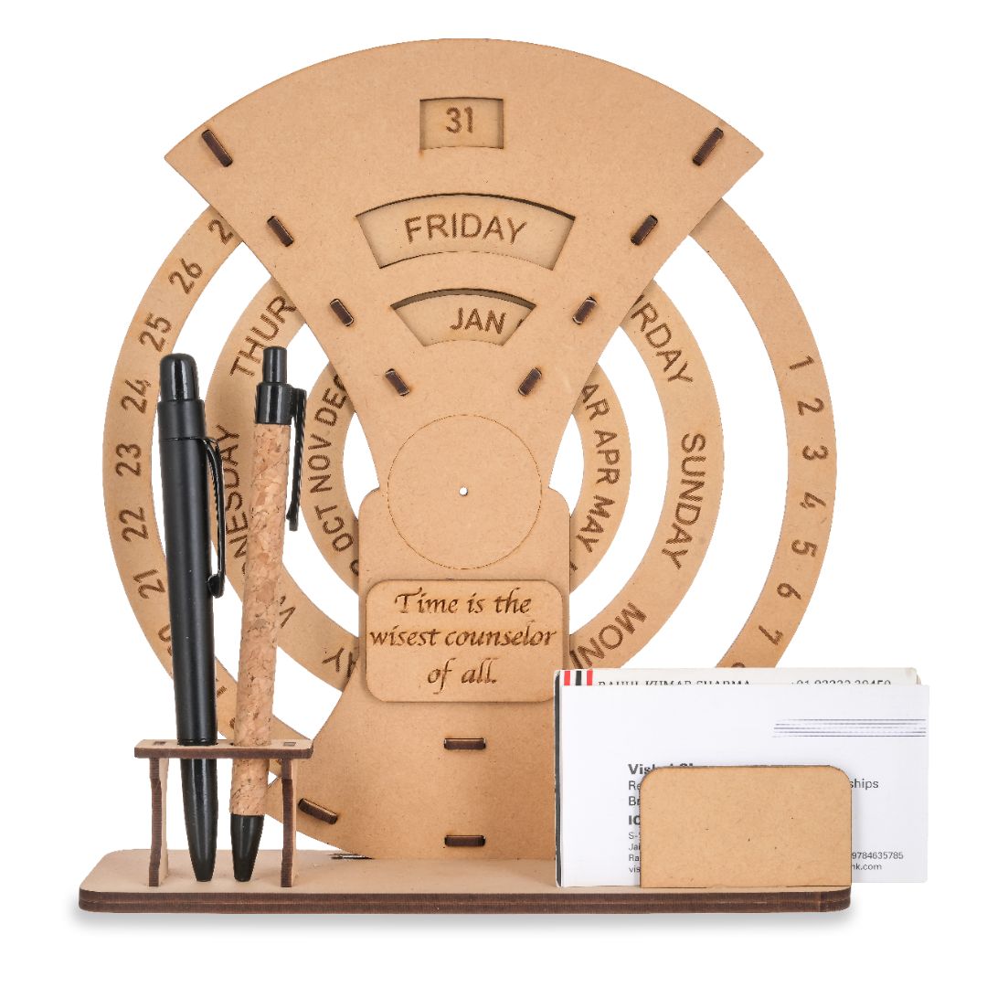 Wooden Table Calendar With Pen Stand And Visiting Card Holder