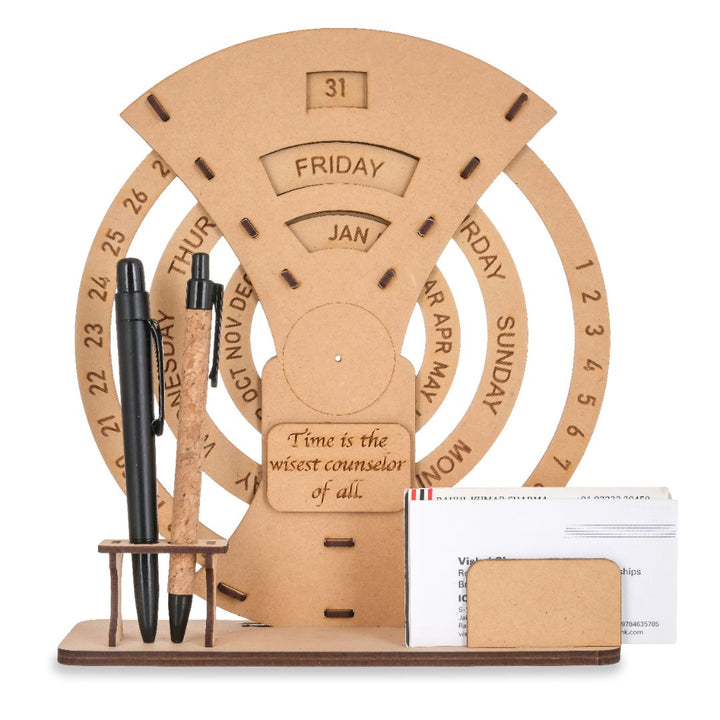 Wooden Table Calendar With Pen Stand And Visiting Card Holder