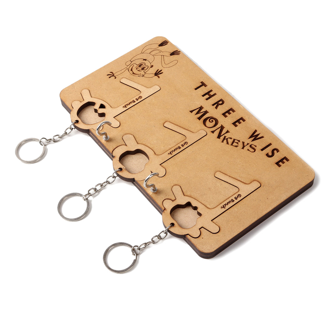 Three Wise Monkey - Wooden Keychain Holder - The Engraved Store