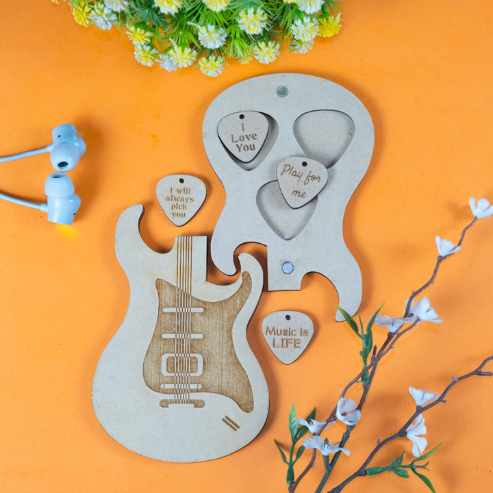 Custom Wood Guitar Plectrum with a Wooden Magnetic Holder Box - The Engraved Store