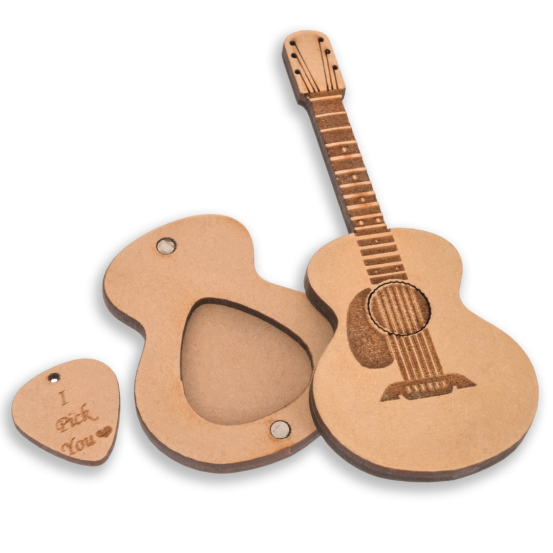 Wooden Plectrum With A Guitar Shaped Magnetic Pick Holder And Folding Stand