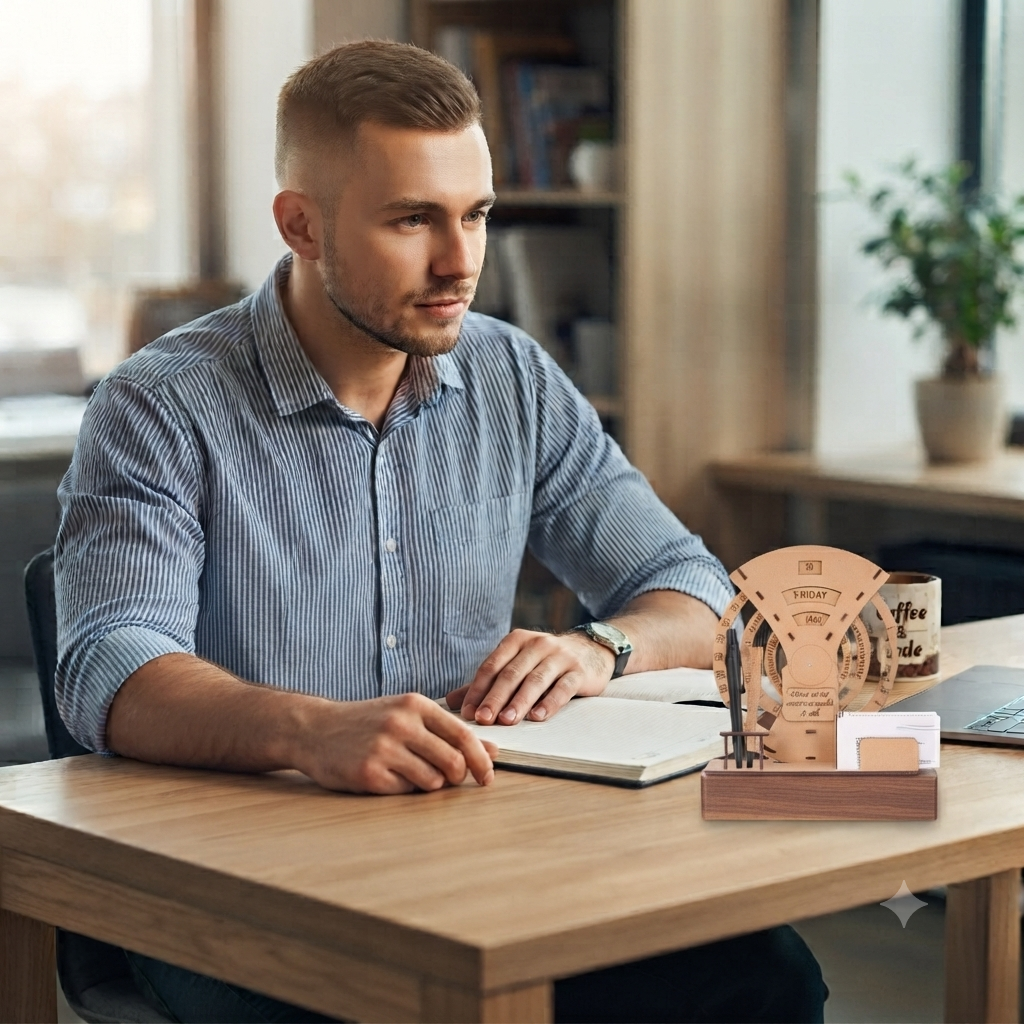 Wooden Table Calendar With Pen Stand And Visiting Card Holder - The Engraved Store