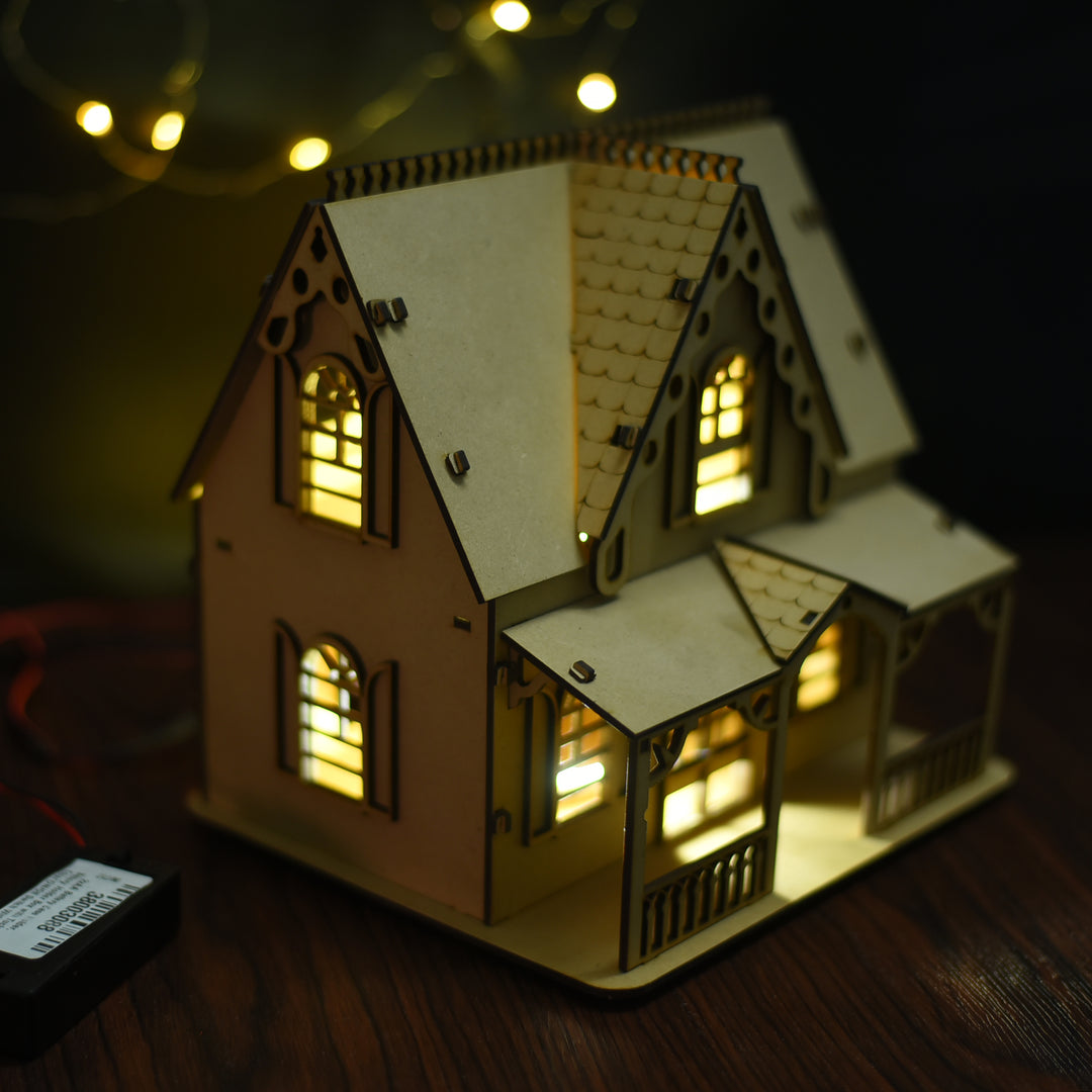 Wooden LED Christmas House: Rustic Charm Illuminated