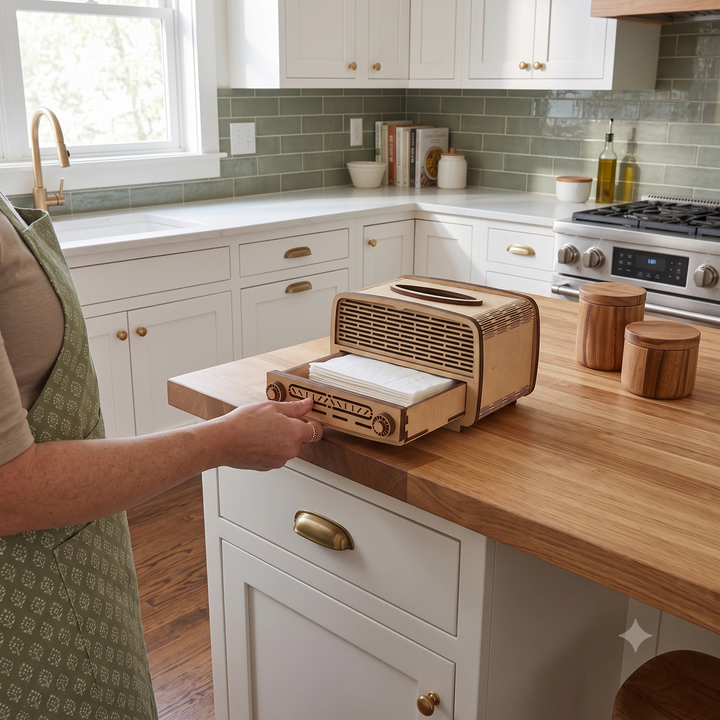 Wooden Radio Shape Tissue Paper Box with Small Tray for Dinning Vanity Counter Tops - The Engraved Store