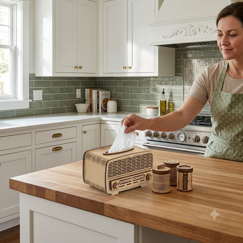 Wooden Radio Shape Tissue Paper Box with Small Tray for Dinning Vanity Counter Tops - The Engraved Store
