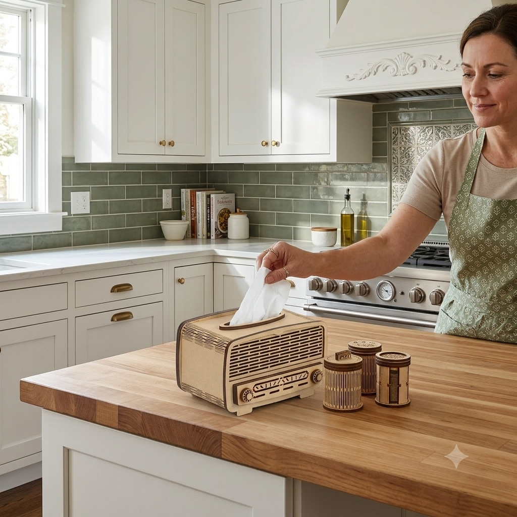 Wooden Radio Shape Tissue Paper Box with Small Tray for Dinning Vanity Counter Tops - The Engraved Store