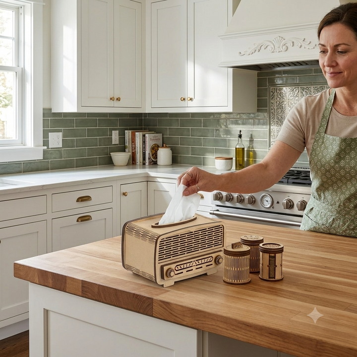 Wooden Radio Shape Tissue Paper Box with Small Tray for Dinning Vanity Counter Tops - The Engraved Store
