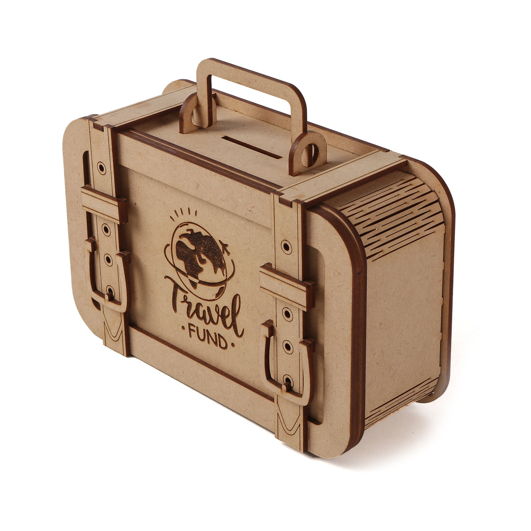 Travel Funds Saving Locker Suitcase Piggy Bank (Wooden)