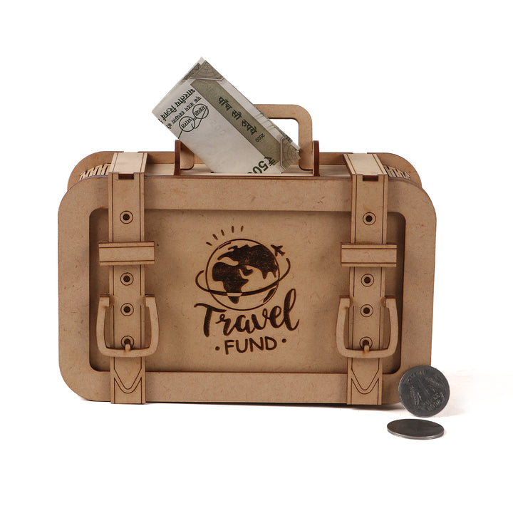 Travel Funds Saving Locker Suitcase Piggy Bank (Wooden)