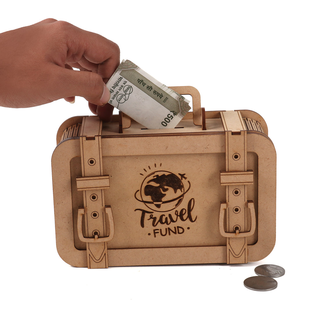 Travel Funds Saving Locker Suitcase Piggy Bank (Wooden)