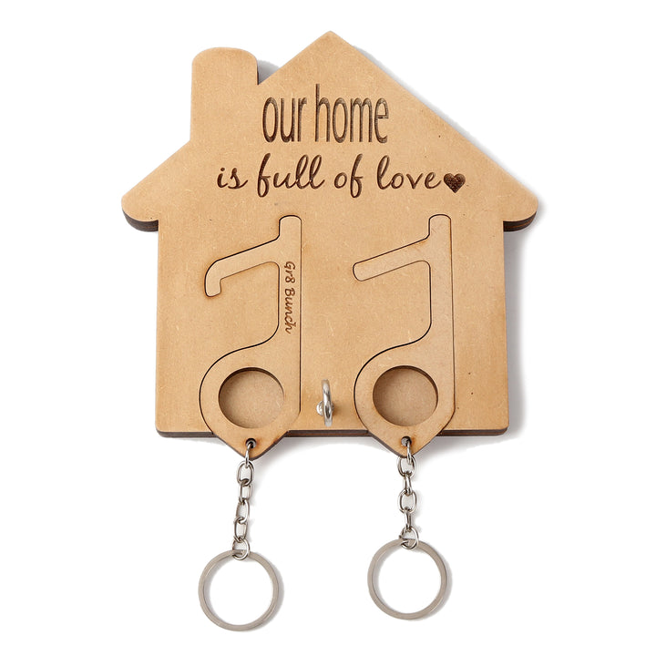 Hut Shape Wooden Keychain Holder with Two Pull Out key-rings