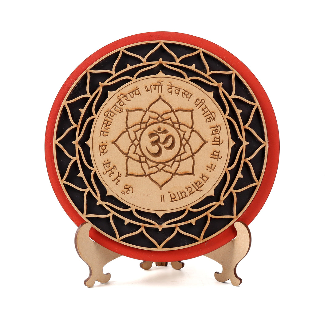 Sacred Gayatri Mantra & Lotus With Wooden Stand For Temple